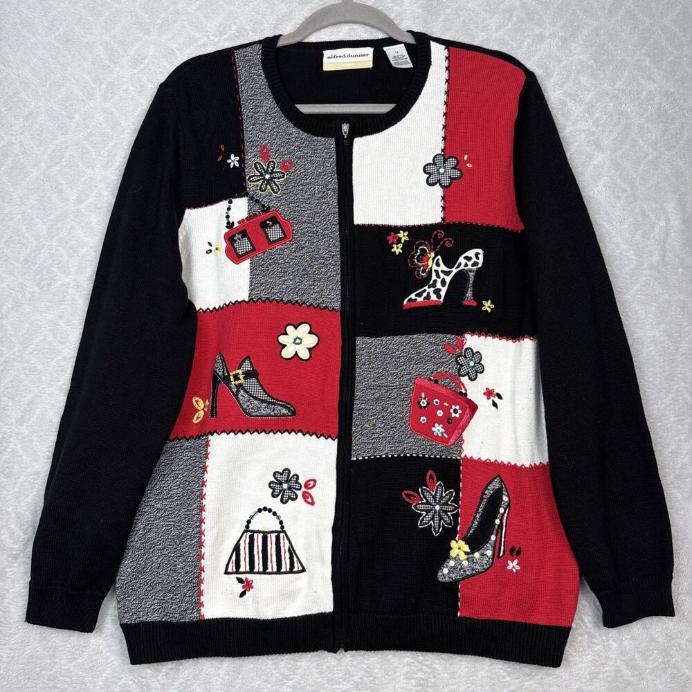Vtg Full Zip Cardigan Sweater Womens 1X Bead Fashion Shopping High Heel Purse